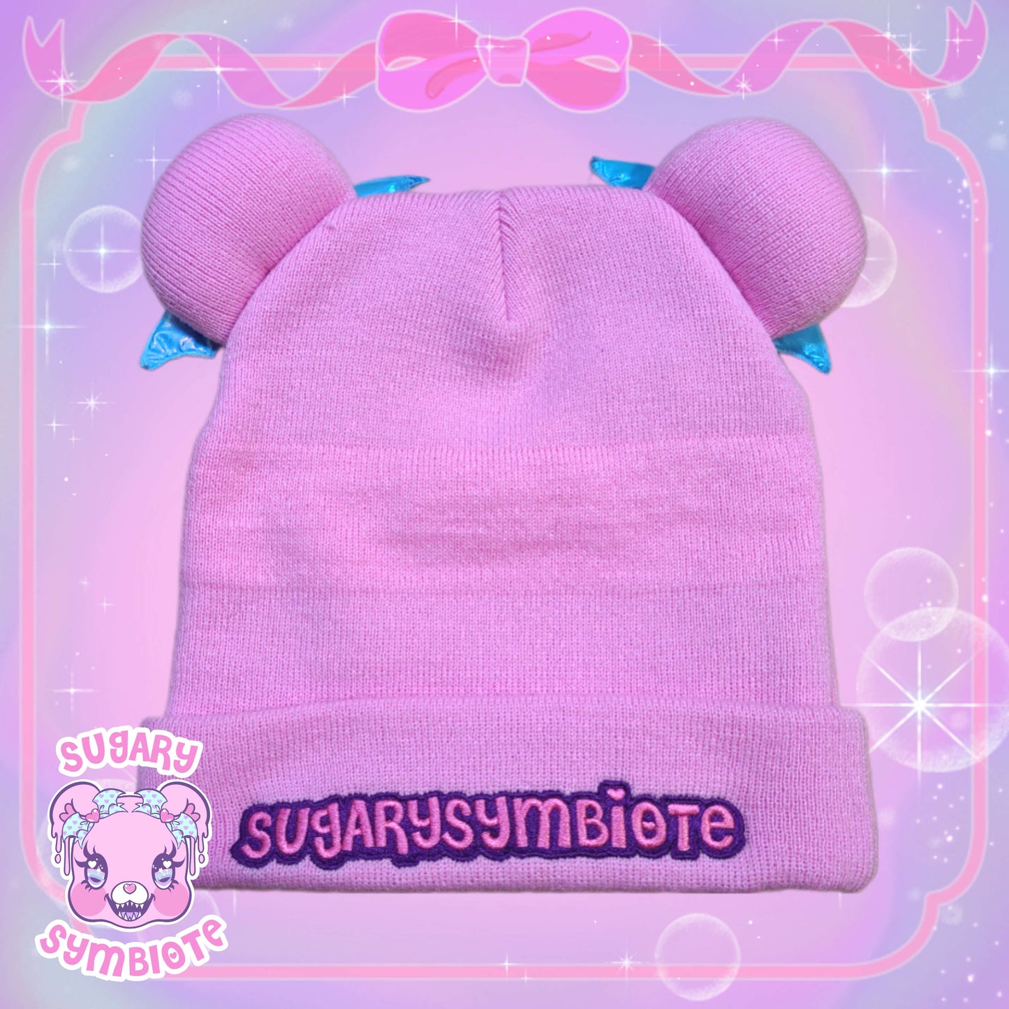 SugarySymbiote's Symbi the Bear Cub Beanie with plush ears and bat brooch Clips